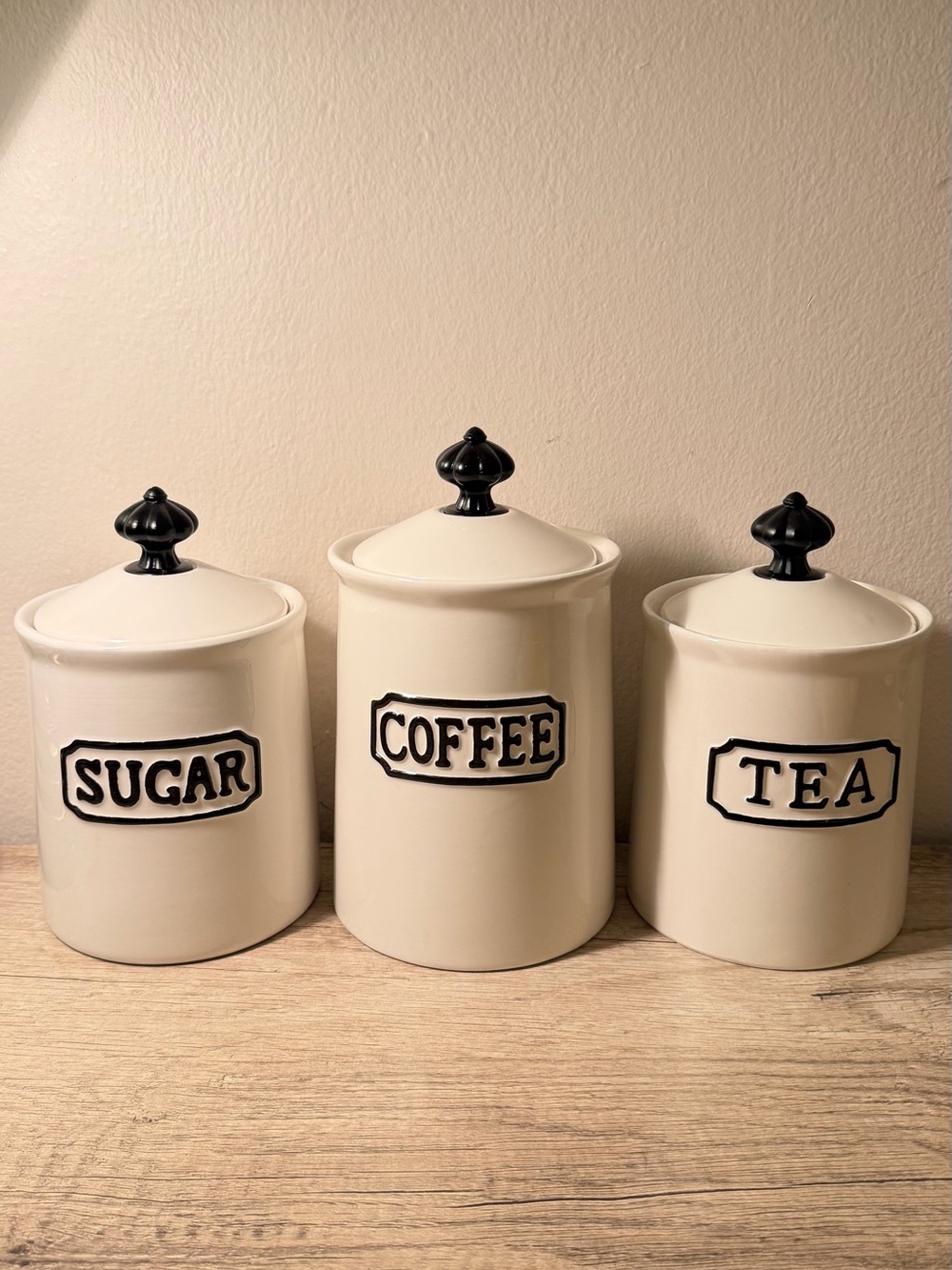 Ceramic Canister Set - sugar, coffee, tea. Cream with Black Accents
